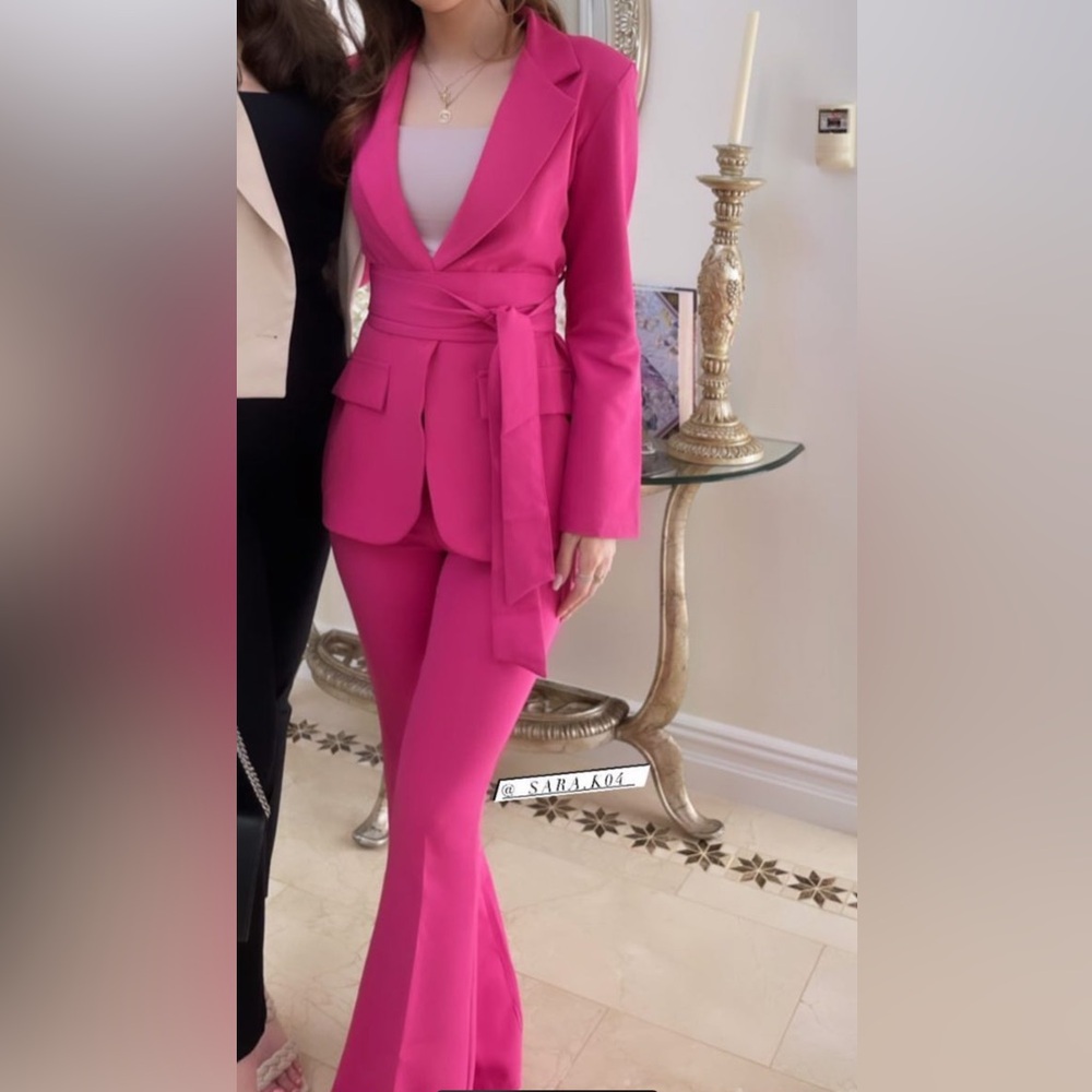 Boohoo Hot Pink Tailored Blazer & Flared Pants Set